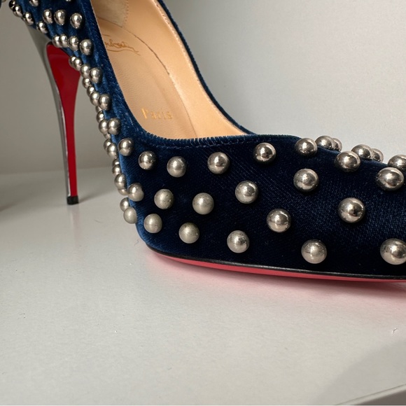 ❌SOLD❌ Christian Louboutin Billy Blue Velvet Studded Heels 37.5 - Picture 7 of 9